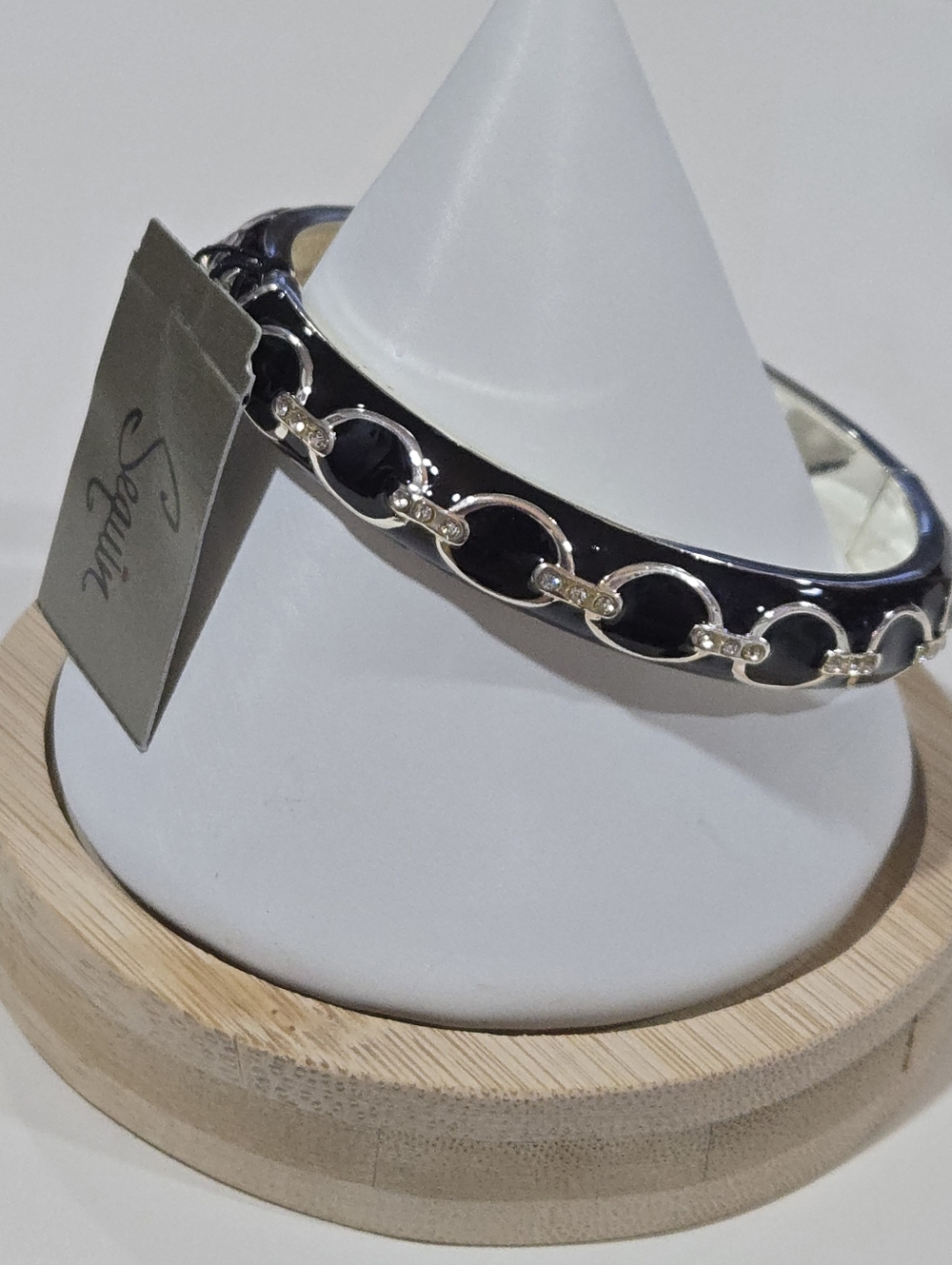 Nordstrom Sequin NYC Equestrian Black Enamel Sparkling Crystals Hinge Bangle NWT